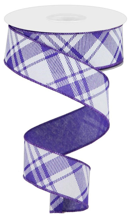 Wired Ribbon * Diagonal Stripe/Multi Check * Purple and White * 1.5" x 10 Yards * RGA127623  * Canvas