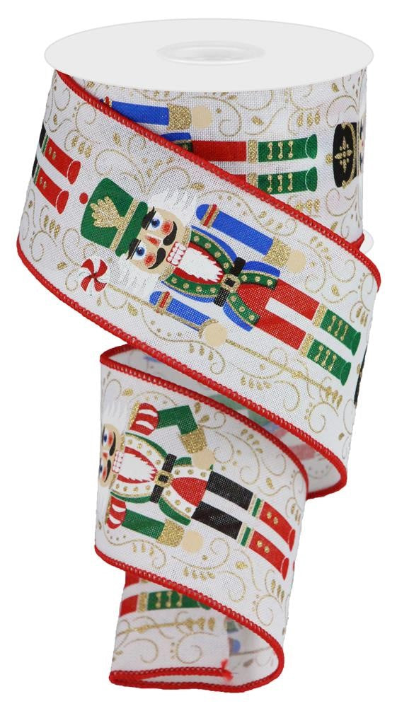 Wired Ribbon * Christmas Nutcrackers * 2.5" x 10 Yards * White, Gold, Black, Red, Emerald and Blue Canvas RGA134327
