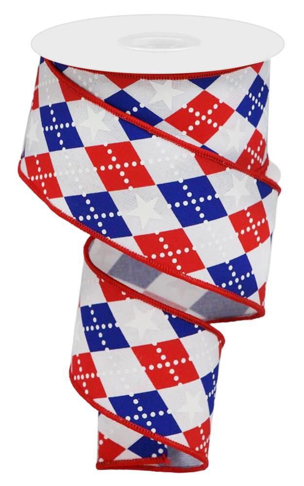 Wired Ribbon * Patriotic Argyle Stars * Red, White and Blue Canvas * 2.5" x 10 Yards * RGA135927