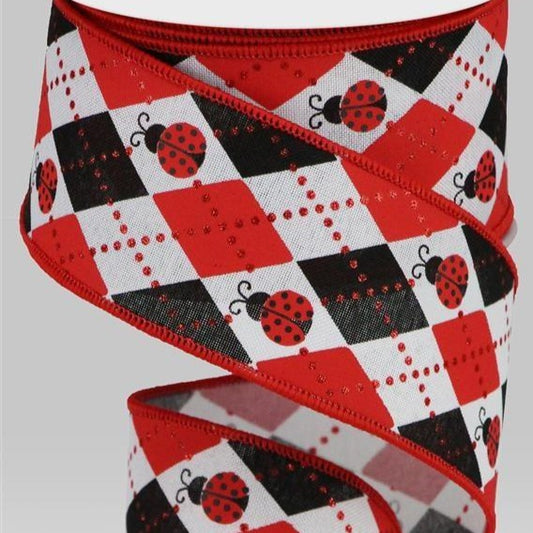 Wired Ribbon * Argyle Ladybugs * Red, White and Black Canvas  * 2.5" x 10 Yards * RGA136527