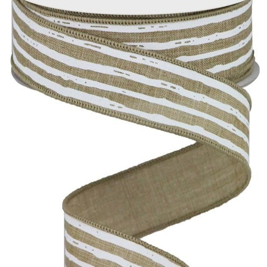 Wired Ribbon * Irregular Stripes * Lt. Beige and White Canvas * 1.5" x 10 Yards * RGA138101