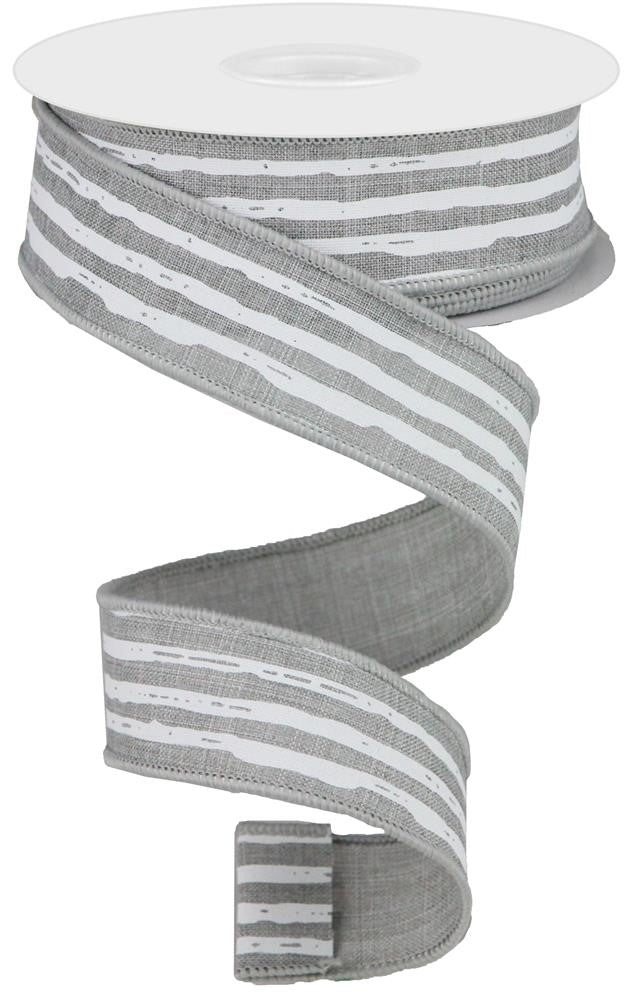 Wired Ribbon * Irregular Stripes * Lt. Grey and White Canvas * 1.5" x 10 Yards * RGA138110