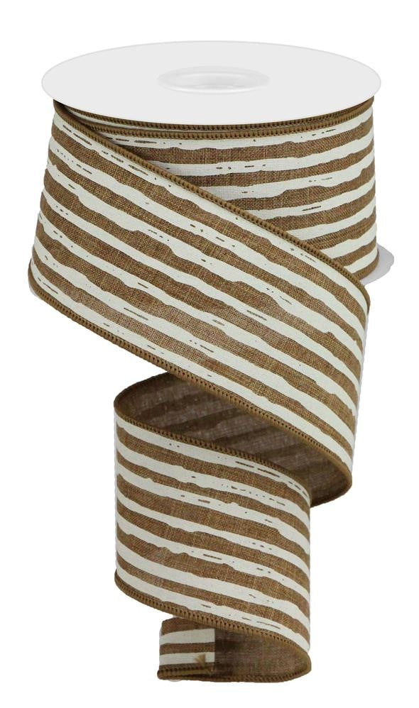 Wired Ribbon * Irregular Stripes * Tan and Cream Canvas * 2.5" x 10 Yards * RGA1382J1