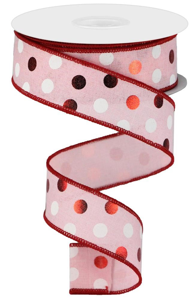 Wired Ribbon * Metallic Dots * Pale Pink, Red and White * 1.5" x 10 Yards * RGA138915