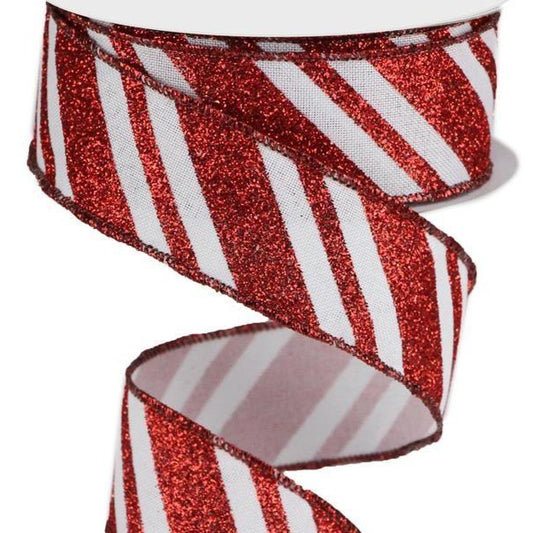 Wired Ribbon * Glitter Diagonal Stripe * Red Glitter and White * 1.5" x 10 Yards * Canvas * RGA1469F4
