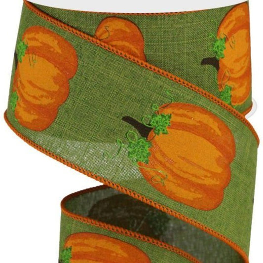 Wired Ribbon * Pumpkins With Leaves * Moss Green, Orange and Brown Canvas * 2.5" x 10 Yards * RGA147136