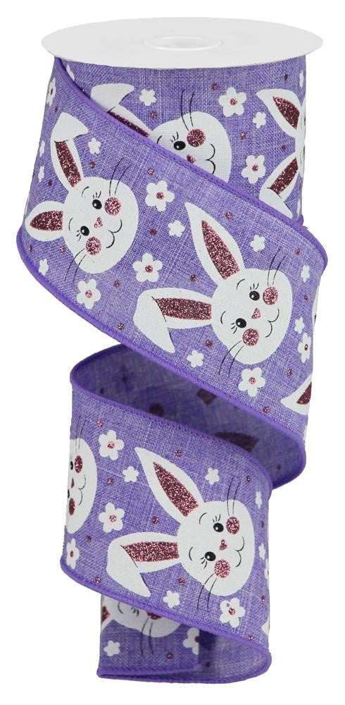 Easter Wired Ribbon * Glitter Bunny Faces * Lavender, Pink, White and Black Canvas * 2.5" x 10 Yards * RGA154013