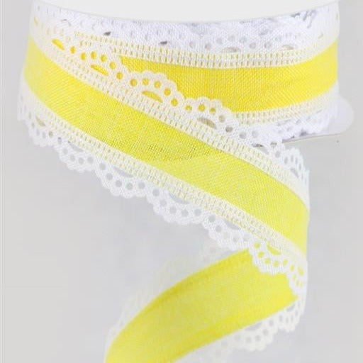 Wired Ribbon * Scalloped Edge * Yellow and White Canvas * 1.5" x 10 Yards * RGA154129