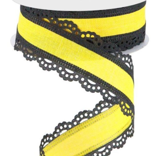 Wired Ribbon * Scalloped Edge * Sun Yellow and Black Canvas * 1.5" x 10 Yards * RGA154157