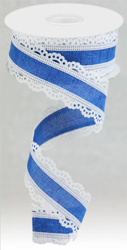 Wired Ribbon * Scalloped Edge * Royal Blue and White Canvas * 1.5" x 10 Yards * RGA1541WR