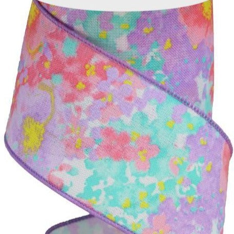 Wired Ribbon * Printed Floral * White, Pink, Lavender, Turquoise and Yellow Canvas * 2.5" x 10 Yards * RGA1608WT