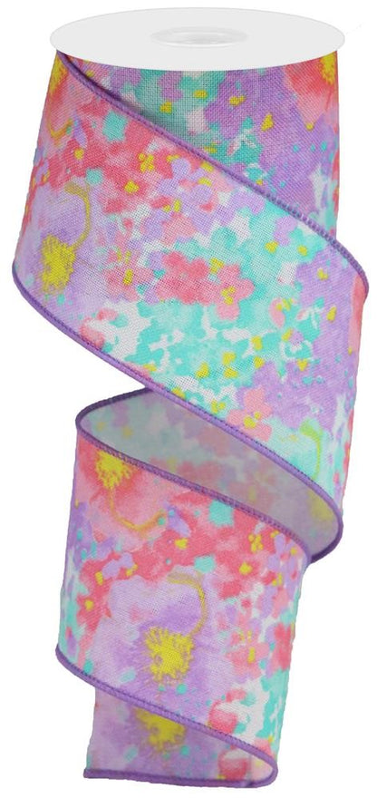 Wired Ribbon * Printed Floral * White, Pink, Lavender, Turquoise and Yellow Canvas * 2.5" x 10 Yards * RGA1608WT