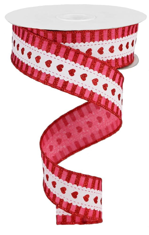 Wired Ribbon * Hearts With Stripe Border on Canvas * Hot Pink, Red and White * 1.5" x 10 Yards * RGA163411