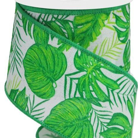 Wired Ribbon * Tropical Leaves * Green, Lime and White Canvas * 2.5" x 10 Yards * RGA163527