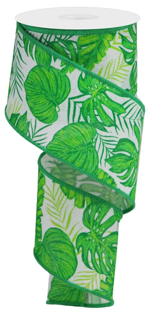 Wired Ribbon * Tropical Leaves * Green, Lime and White Canvas * 2.5" x 10 Yards * RGA163527