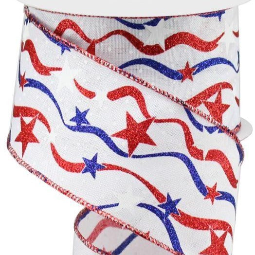 Wired Ribbon * Glitter Stars and Wavy Stripes * Red, White and Blue Canvas * 2.5" x 10 Yards * RGA167627