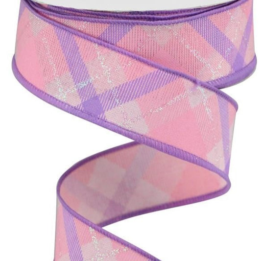 Wired Ribbon * Glitter Plaid * Pink, Lavender and Irid. White Glitter * 1.5" x 10 Yards * RGA169015  * Canvas