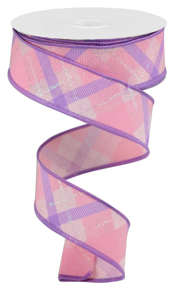 Wired Ribbon * Glitter Plaid * Pink, Lavender and Irid. White Glitter * 1.5" x 10 Yards * RGA169015 * Canvas