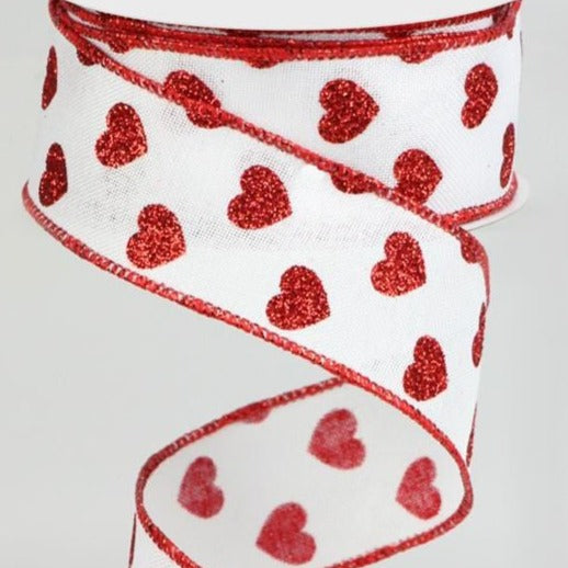 Wired Ribbon * Small Glitter Hearts * Red and White * 1.5" x 10 Yards * Canvas * RGA173727