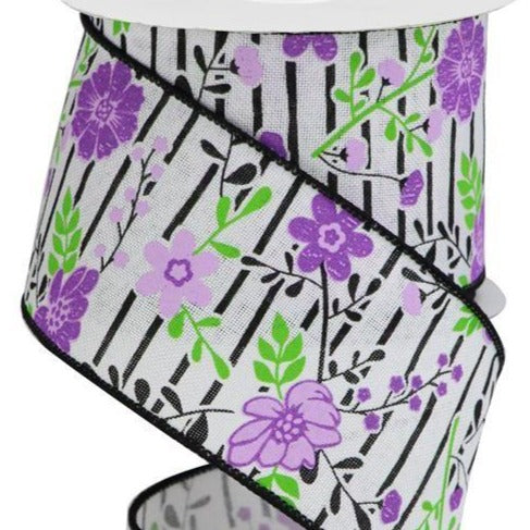 Wired Ribbon * Floral Lines * White, Lavender, Purple, Green and Black Canvas * 2.5" x 10 Yards * RGA17561Y