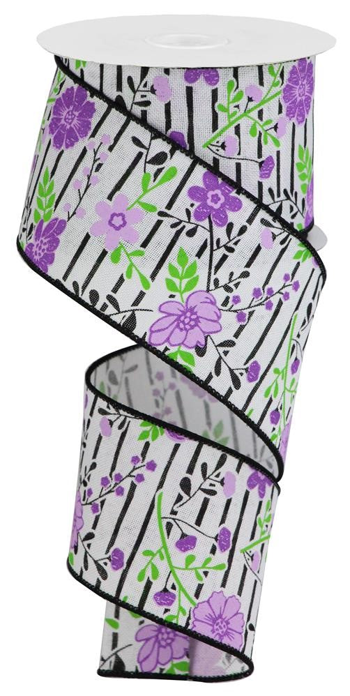 Wired Ribbon * Floral Lines * White, Lavender, Purple, Green and Black Canvas * 2.5" x 10 Yards * RGA17561Y