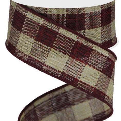 Wired Ribbon * Woven Check Canvas * Burgundy and Beige  * 1.5" x 10 Yards * RGA176905