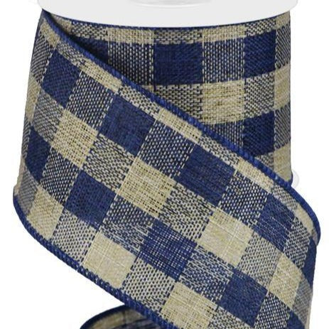 Wired Ribbon * Woven Check Canvas * Navy and Beige  * 2.5" x 10 Yards * RGA177003