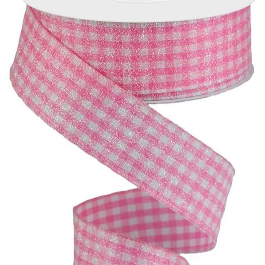 Wired Ribbon * Glitter Gingham Check * Pink and White Canvas * 1.5" x 10 Yards * RGA179622