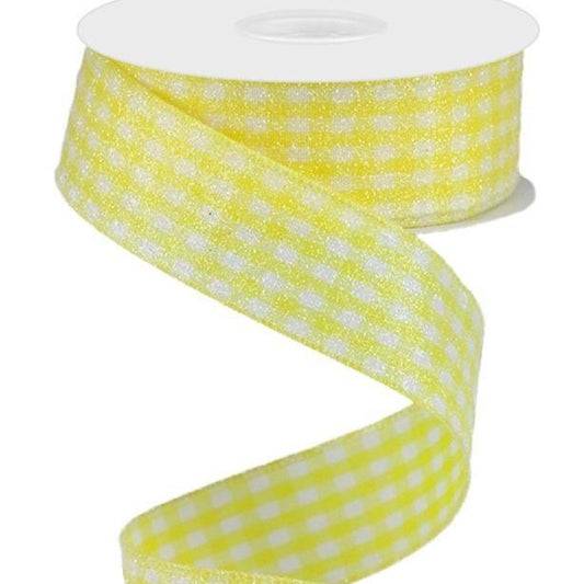 Wired Ribbon * Glitter Gingham Check * Yellow and White Canvas * 1.5" x 10 Yards * RGA179629