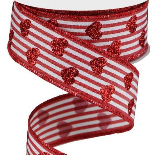 Wired Ribbon * Small Glitter Hearts on Stripes * Red and White * 1.5" x 10 Yards * Canvas * RGA1799W7