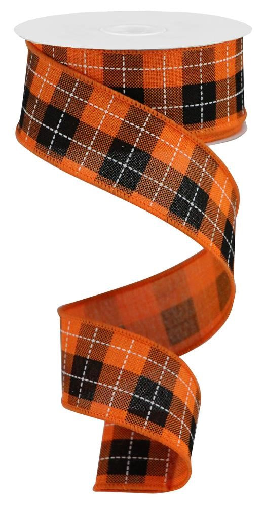 Wired Ribbon * Printed Woven Check * Orange, Black and White Canvas * 1.5" x 10 Yards * RGA184920