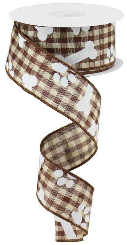 Wired Ribbon * Paw Prints and Bones on Gingham * Brown, Beige and White Canvas * 1.5" x 10 Yards * RGA189504