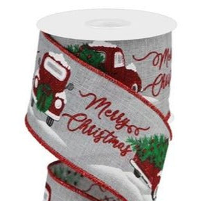 Wired Ribbon * Glitter Merry Christmas Red Truck * Lt. Grey, Red & Green  * 2.5" x 10 Yards  Canvas * RGA19055X