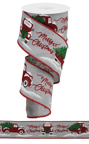 Wired Ribbon * Glitter Merry Christmas Red Truck * Lt. Grey, Red & Green * 2.5" x 10 Yards Canvas * RGA19055X