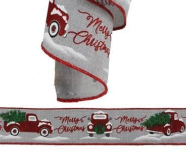 Wired Ribbon * Glitter Merry Christmas Red Truck * Lt. Grey, Red & Green  * 2.5" x 10 Yards  Canvas * RGA19055X