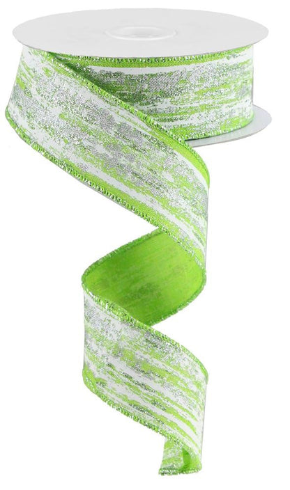 Wired Ribbon * Glitter Metallic Streaks * Lime, White and Silver Canvas  * 1.5" x 10 Yards  Canvas * RGA191733