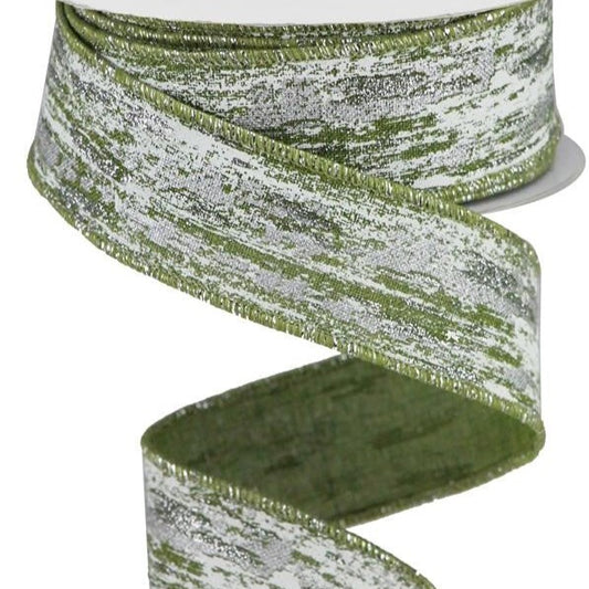 Wired Ribbon * Glitter Metallic Streaks * Moss, White and Silver Canvas  * 1.5" x 10 Yards  Canvas * RGA191752