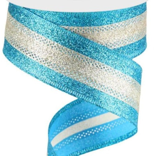 Wired Ribbon * 3 in 1  * Shimmer Glitter Stripe * Turquoise and Champagne Canvas * 1.5" x 10 Yards * RGA8219N4