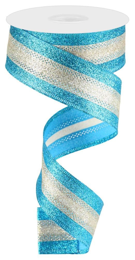Wired Ribbon * 3 in 1 * Shimmer Glitter Stripe * Turquoise and Champagne Canvas * 1.5" x 10 Yards * RGA8219N4