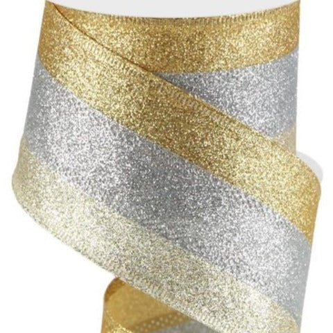 Wired Ribbon * Glitter Stripe * Natural, Gold and Silver * 1.5 x