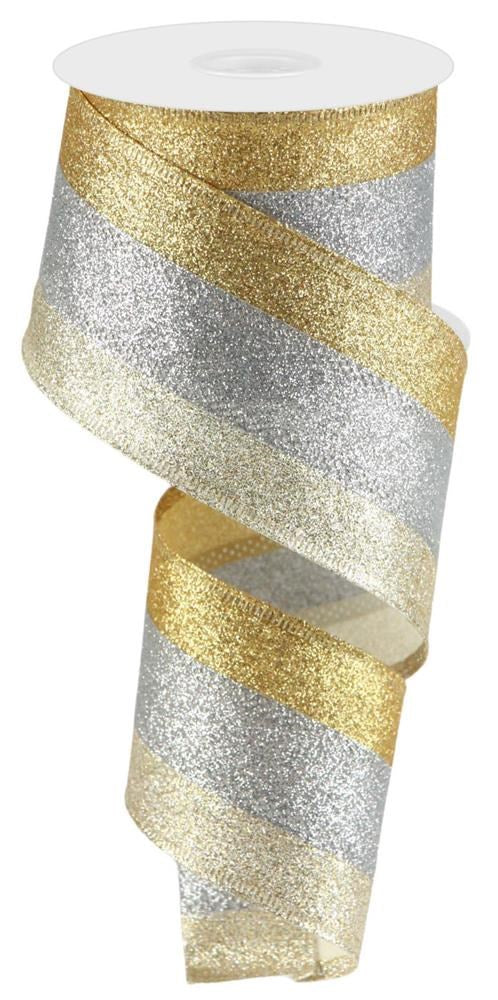 Wired Ribbon * 3 in 1 * Shimmer Glitter Stripe * Gold, Silver and Champagne Canvas * 2.5" x 10 Yards * RGA8220K8