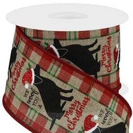 Wired Ribbon * Glitter Woof Merry Christmas * Natural, Red, Green, White & Black  * 2.5" x 10 Yards  Canvas * RGB129901