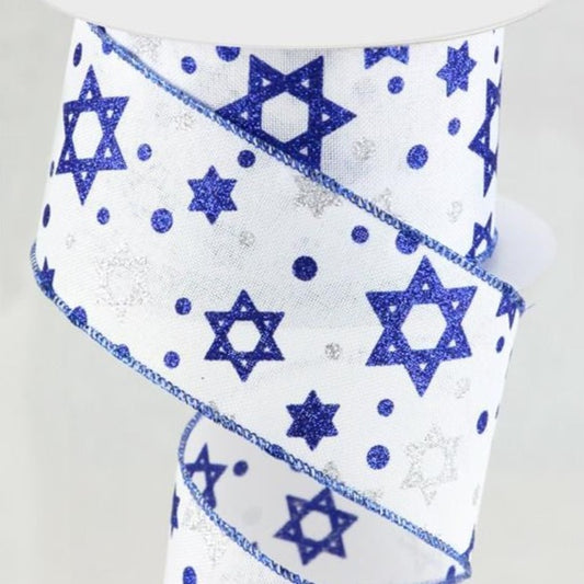 Wired Ribbon  * Glitter Star Of David * White, Royal Blue and Silver Canvas * 2.5" x 10 Yards * RGB137127
