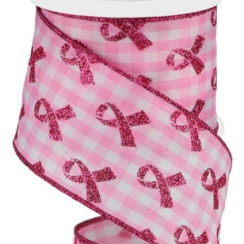 Wired Ribbon Glitter Breast Cancer on Gingham White, Pink and