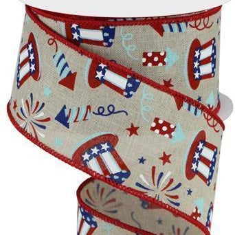 Patriotic Wired Ribbon * Uncle Sam and Fireworks * Lt. Natural, Red, White and Blue * 2.5" x 10 Yards * RGC116818 * Canvas