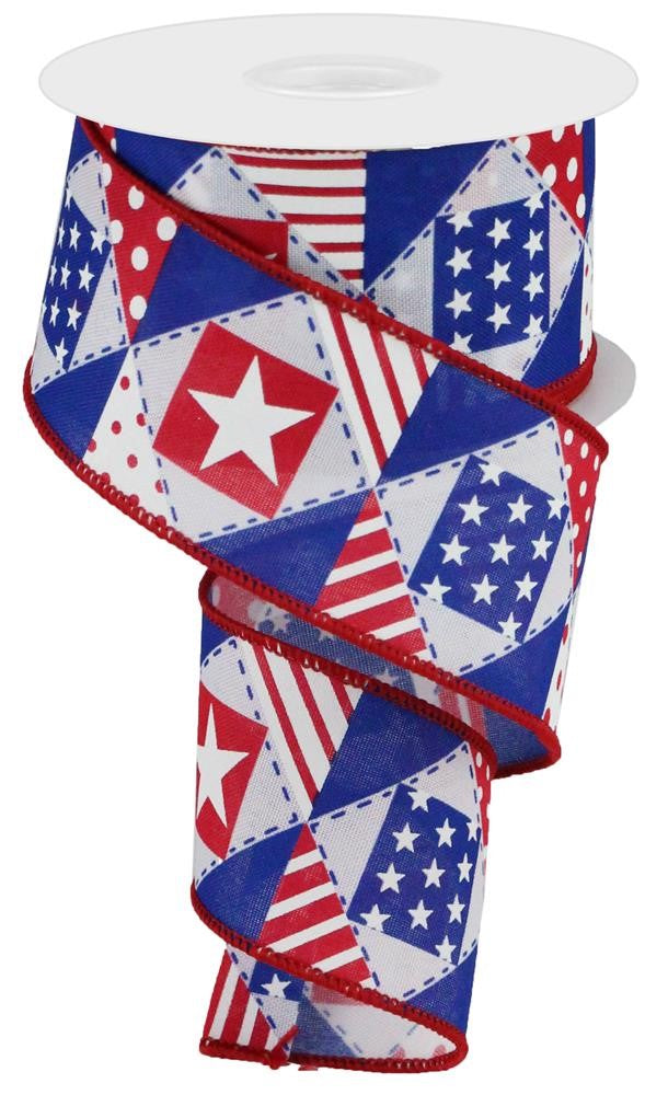 Wired Ribbon * Patriotic Patchwork * Red, White and Navy * 2.5" x 10 Yards * RGC117627 * Canvas