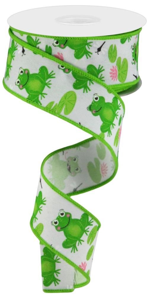 Wired Ribbon * Frogs * White, Green and Pink Canvas * 1.5" x 10 Yards * RGC120827