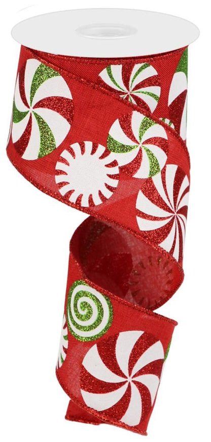 Wired Ribbon * Glitter Bold Peppermints * Red. White and Lime Canvas  * 2.5" x 10 Yards * RGC123124