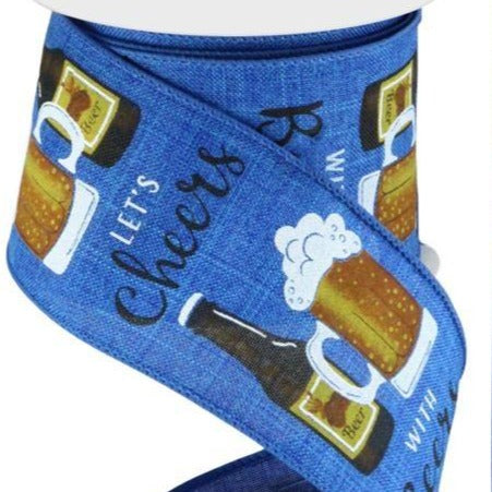 Wired Ribbon * Cheers With Beers * Royal Blue, Gold, Rust, White and Brown Canvas  * 2.5" x 10 Yards * RGC125725