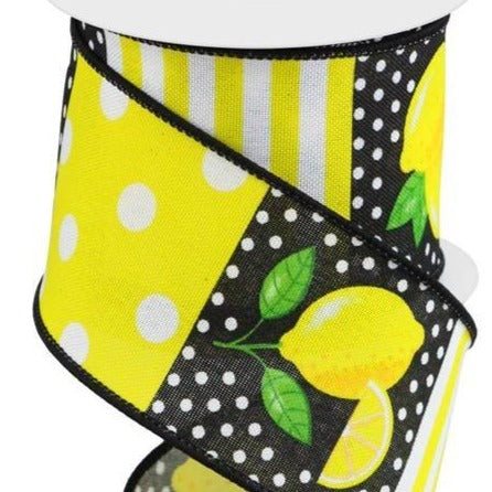 Wired Ribbon * Lemon Block Pattern * White, Yellow, Green and Black Canvas * 2.5" x 10 Yards * RGC1263